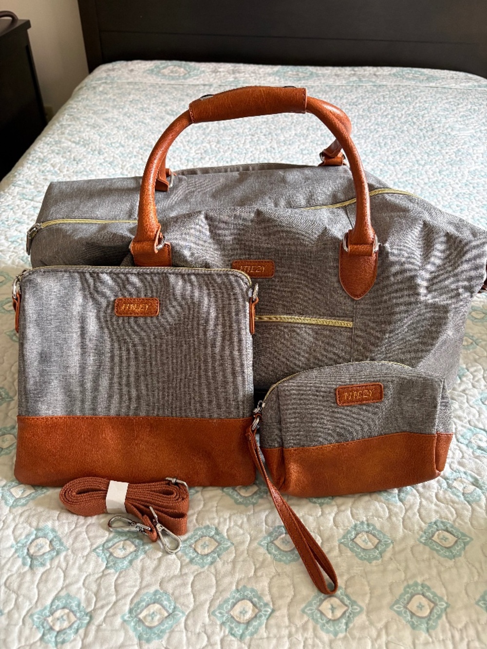 ITHEZY 3-Piece Weekender Travel Bag Set Gray & Brown Carry-On Tote + Crossbody +